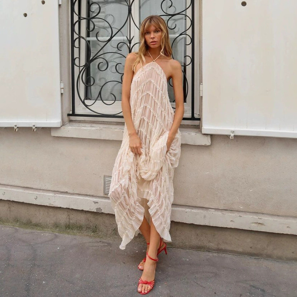 ZARA Backless Halter Neck Chiffon Ruffle Pleated Irregular Maxi Dress